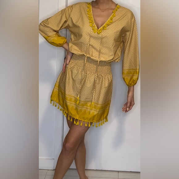 NWT Yellow Mini Cinch Waist Mini Tassel Dress - Picture 2 of 6